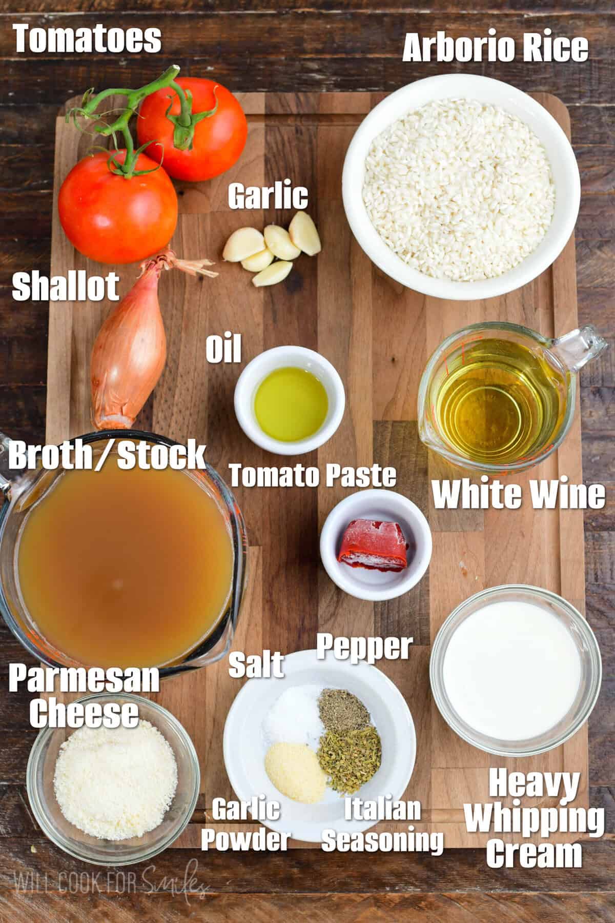 labeled ingredients to make creamy tomato risotto on the cutting board.